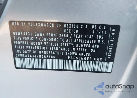 2015 Volkswagen Jetta 2.0L Tdi Se из США, поврежденный, VIN 3VWLA7AJ4FM262486